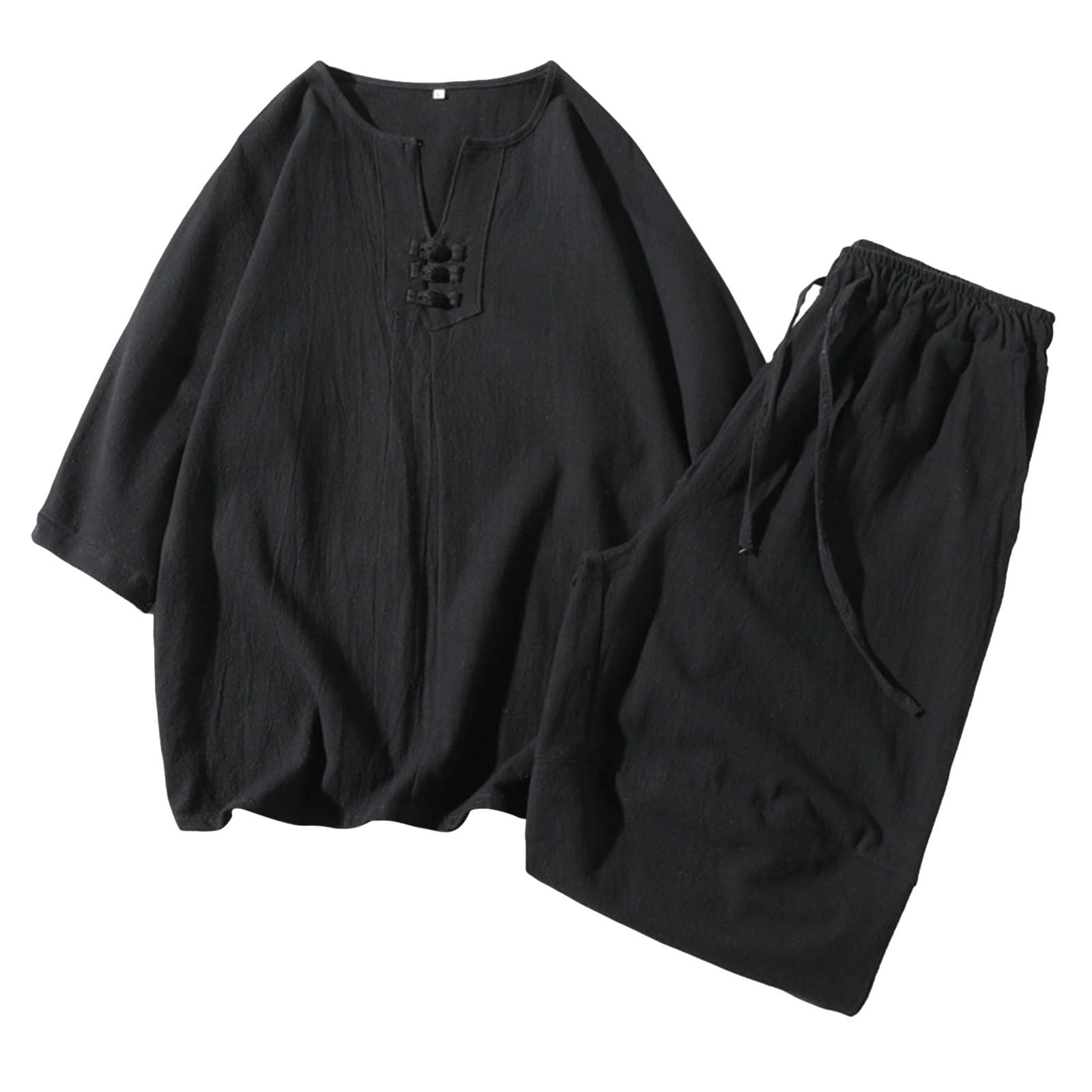 Mens Two Piece Summer Set,Mens Chinese S Tyle Tang Dress Summer Two Piece Set Linen Short Sleeve Three Quarter Sleeve Linen Loose T Shirt Casual