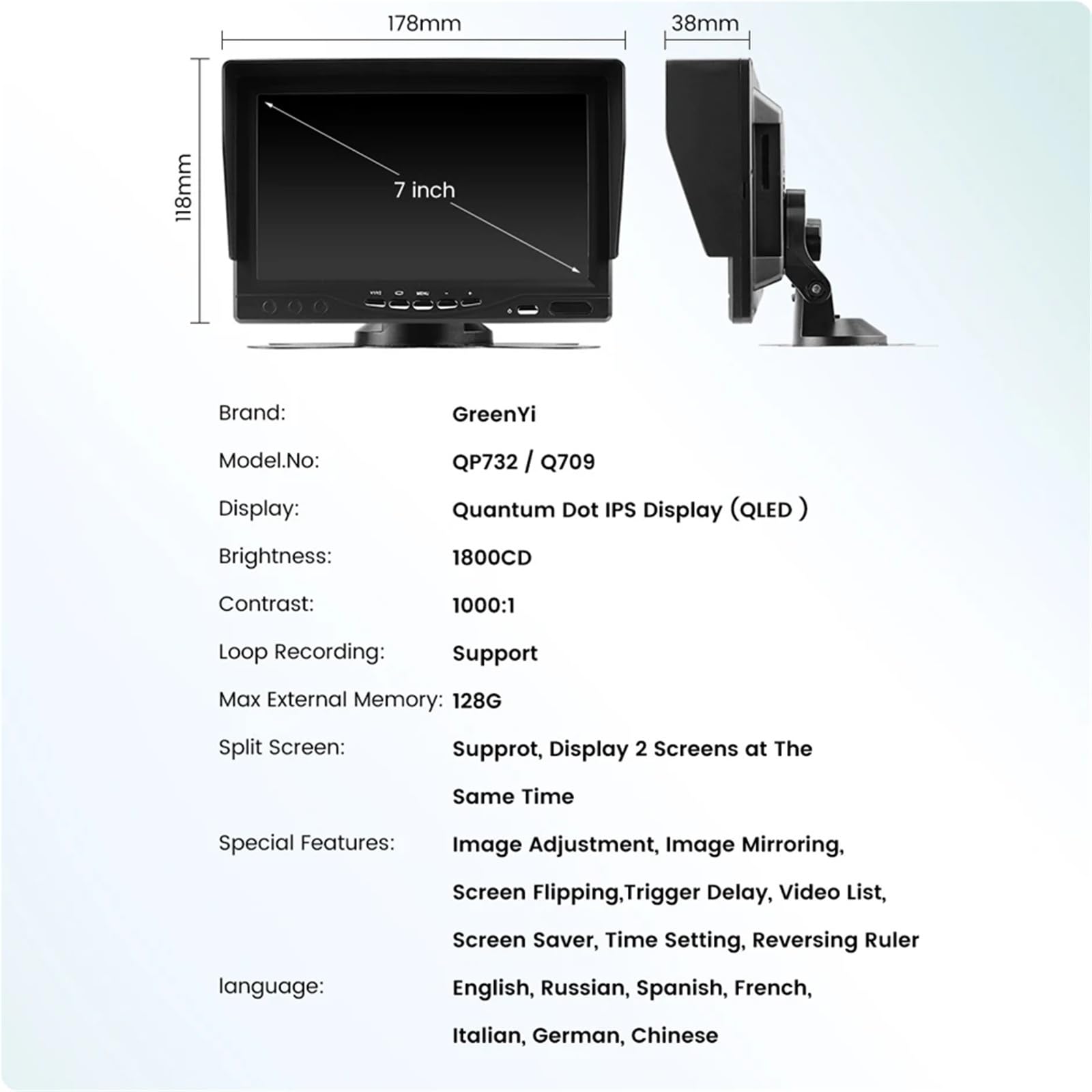 Monitor de 7" con grabación en Bucle for Camiones, Coches, aparcamientos, Pesca, Compatible cámara 2 Canales(4Pin Cable QP732)