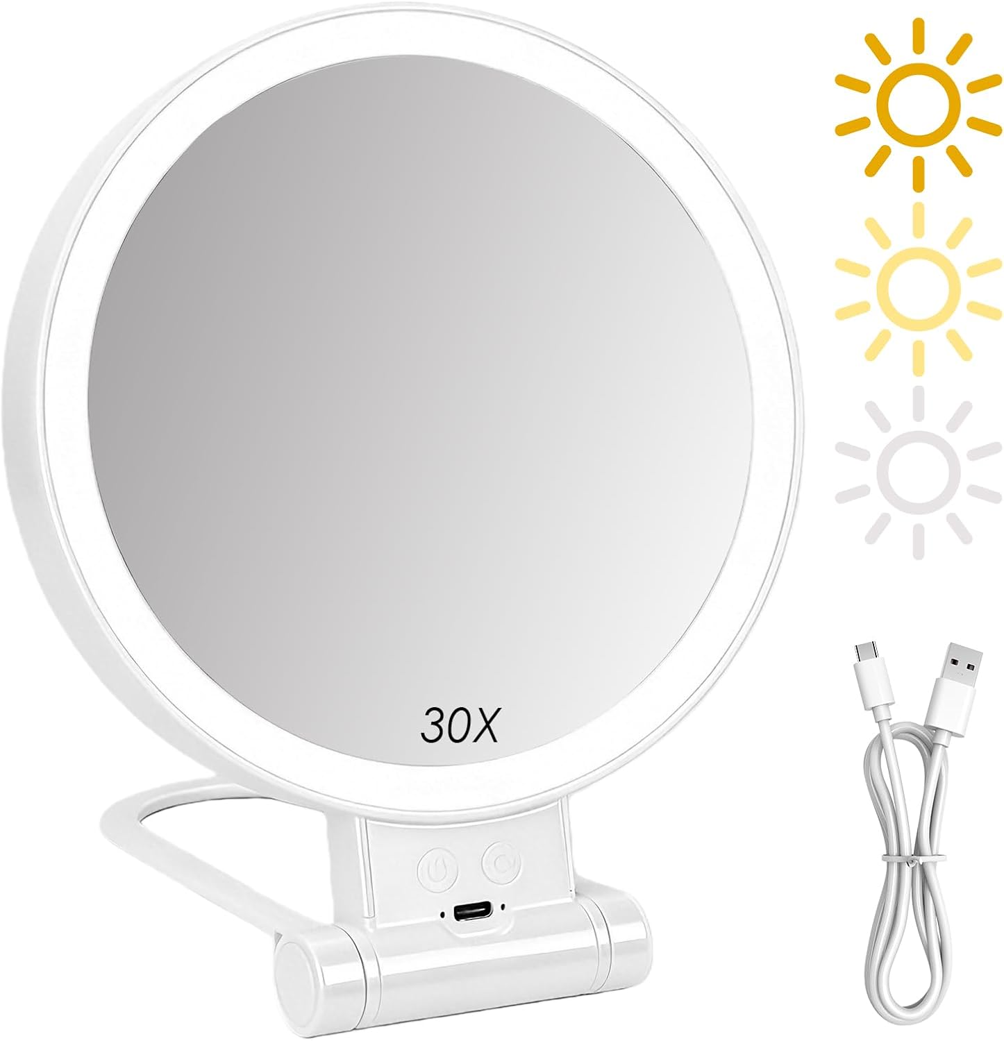1X/30X Double Sided Magnifying Mirror with Light, Folding Lighted Rechargeable Makeup Mirror for Home 360° Rotation 3 Color Led Lights Smart Touch Screen Dimming for Bathroom and Travel