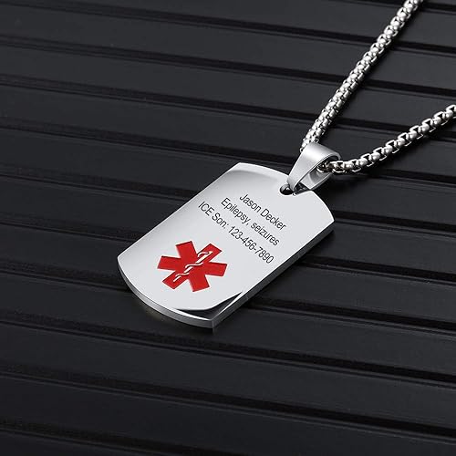 Miniatura 3 de Collar de alerta médica personalizada de acero inoxidable para hombres y mujeres, etiqueta de identificación médica de emergencia grabada para él y