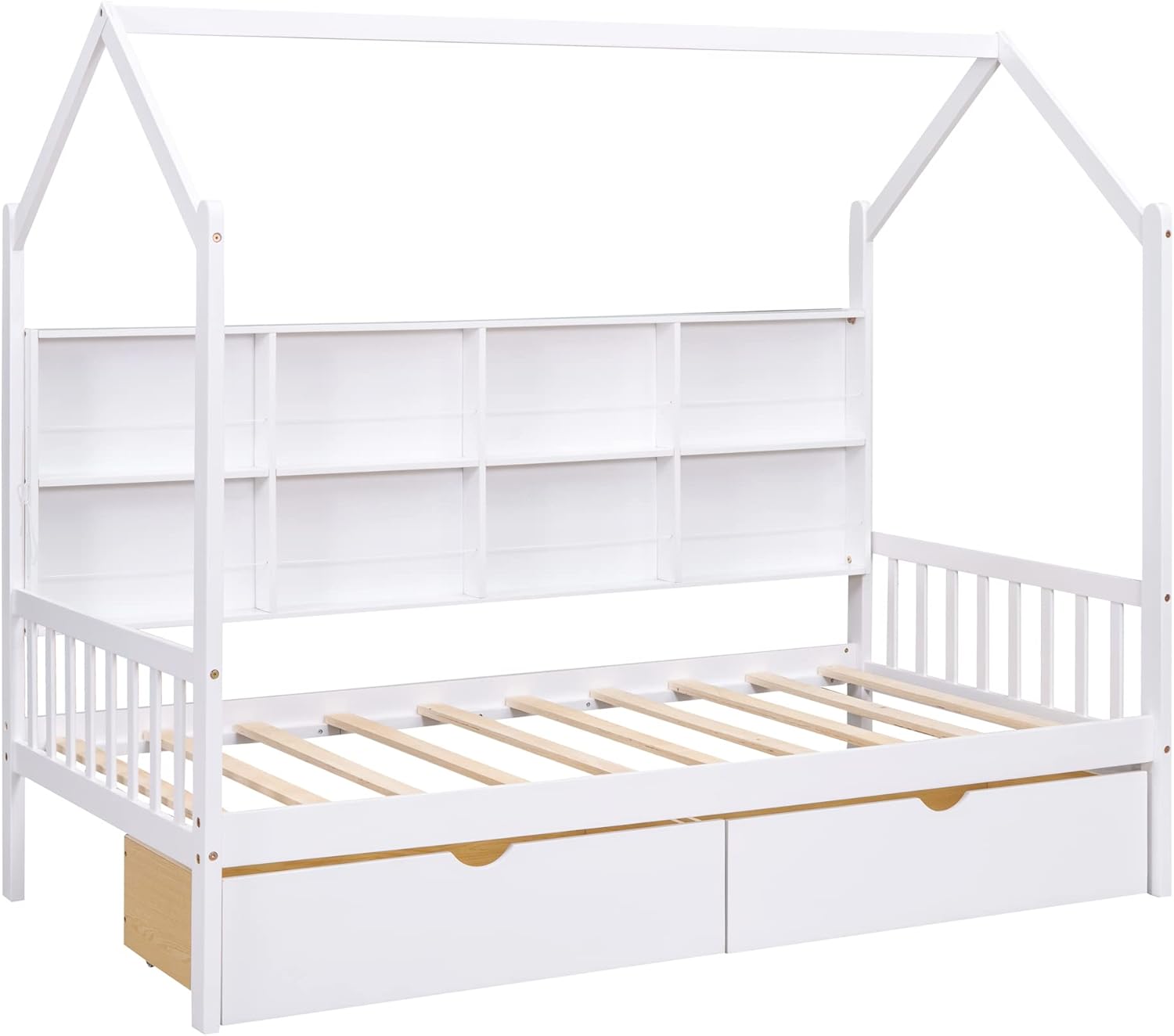 Harper & Bright Designs Twin Size House Bed with Drawers, Wood Twin House Bed Frame with Shelf Compartment, Twin Storage Bed for Kids with Roof for Girls, Boys,No Box Spring Needed, White