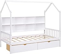 Vista 6 de Harper & Bright Designs Cama de casa de tamaño individual con cajones, marco de cama individual de madera con compartimento para estantes, cama