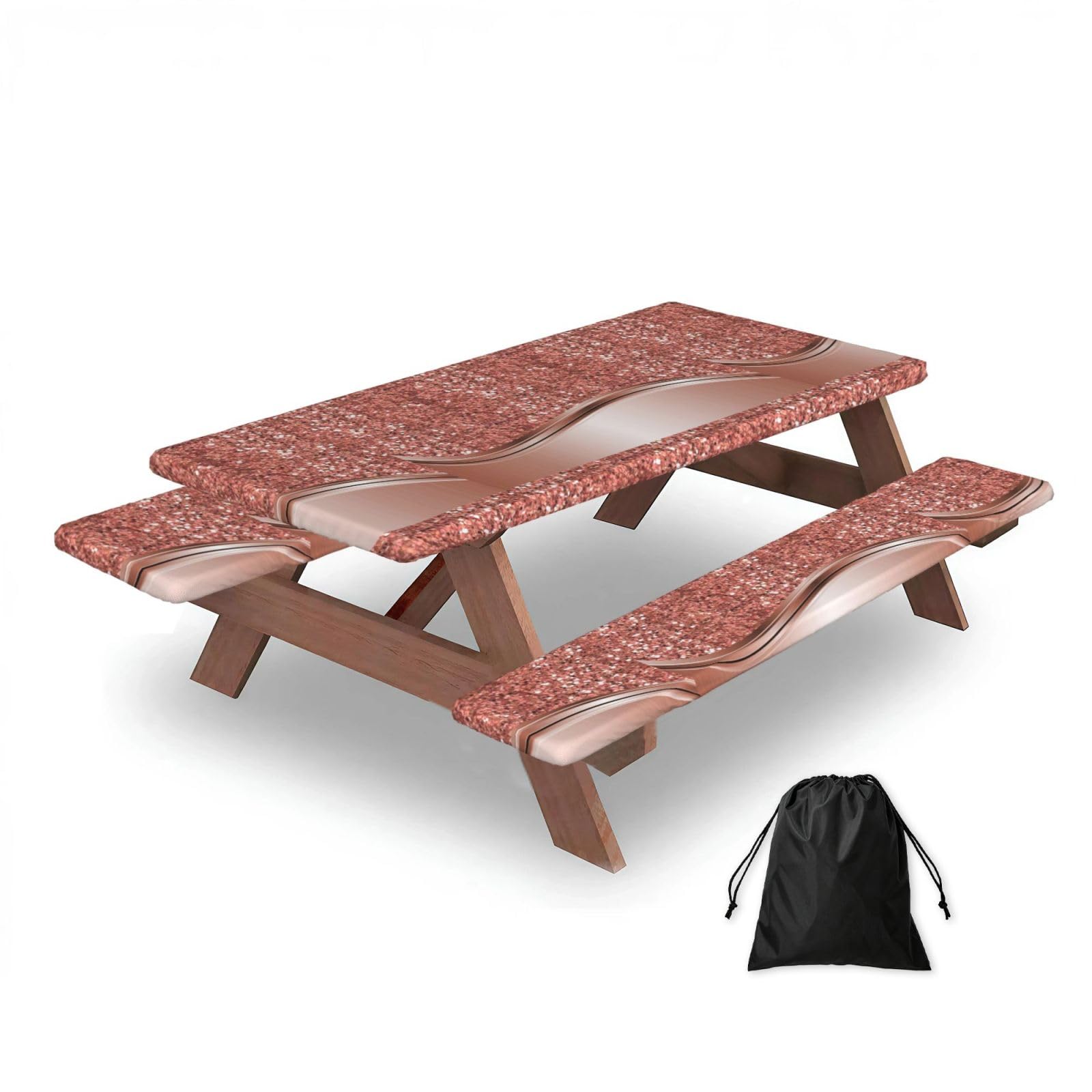 Dopklna As Picture Rose Gold Sparkle Glam Bling, Picnic Table Cover With Bench Covers -Waterproof Elastic Fitted Tablecloth For Garden Camping Patio 76X152cm
