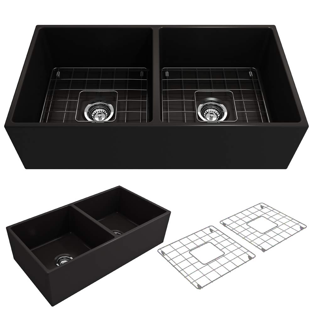 BOCCHI Contempo 36 Apron Front Fireclay Double Bowl Sink Black