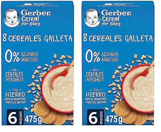 GERBER Papilla de 8 Cereales Galleta, a partir de los 6 meses, 475g (Paquete de 2)