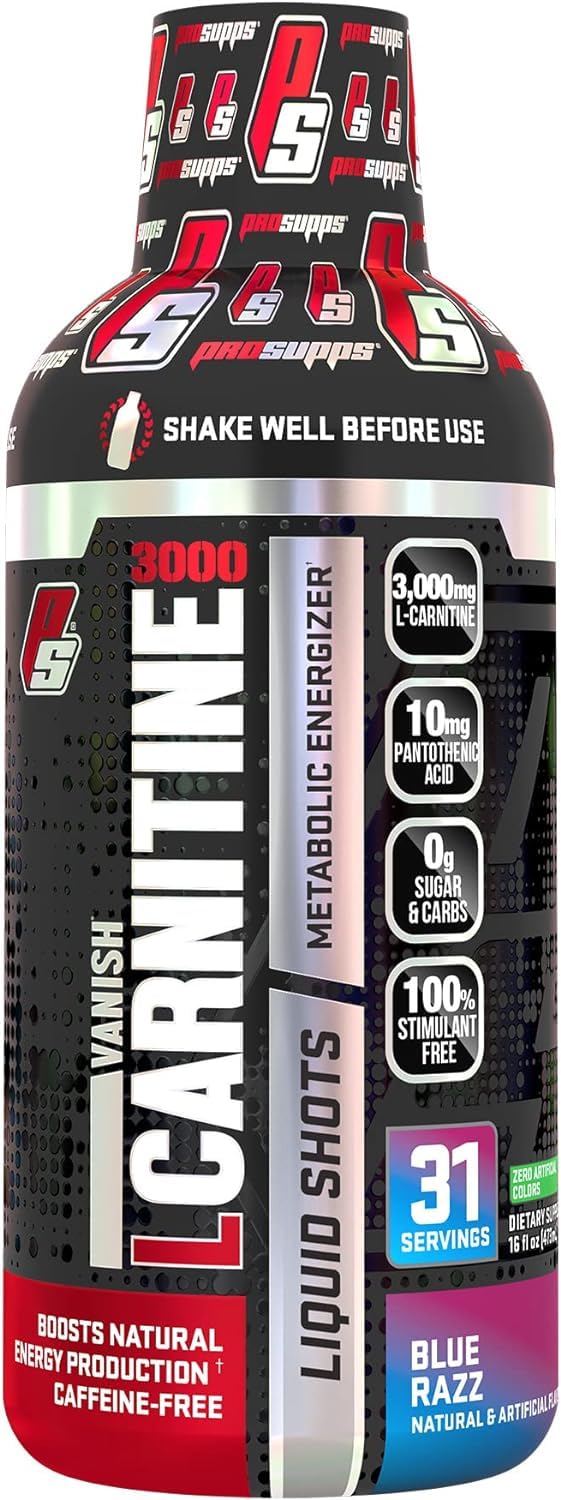 Pro Sup L-Carnitine 3000 Stimulant Free Liquid Shots for Men and Women - Workout Drink for Performance and Muscle Recovery, 31 Servings (473 ml, Blue Razz)