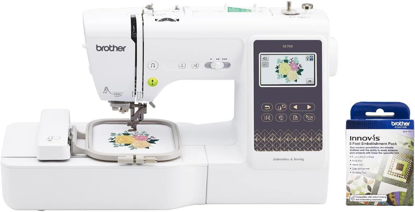 Brother SE700 Sewing and Embroidery Machine, Wireless, 135 Built-in Designs, 103 Built-in Stitches, SA5FTPKG 5 Foot Embellishment Pack Included