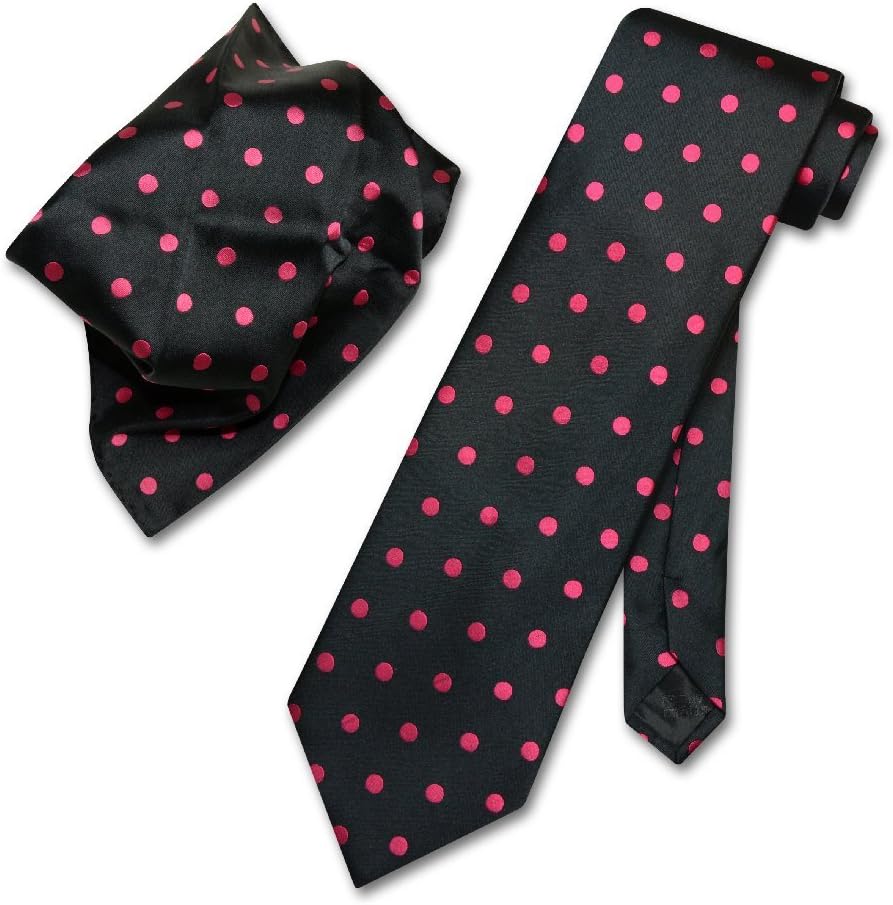Vesuvio Napoli BLACK w/HOT PINK FUCHSIA Polka Dots NeckTie Handkerchief Tie Set