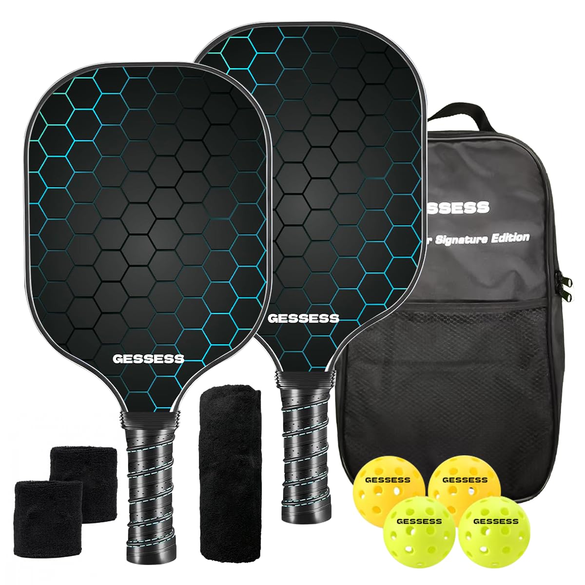 Pickleball Paddles Set of 2, USAPA Approved Carbon Fiber Pickleball Paddle with 4 Pickleballs, 2 Wrist Bands, Towel & Bag - Lightweight Friction Surface Pickle Ball Rackets for Indoor Outdoor Play