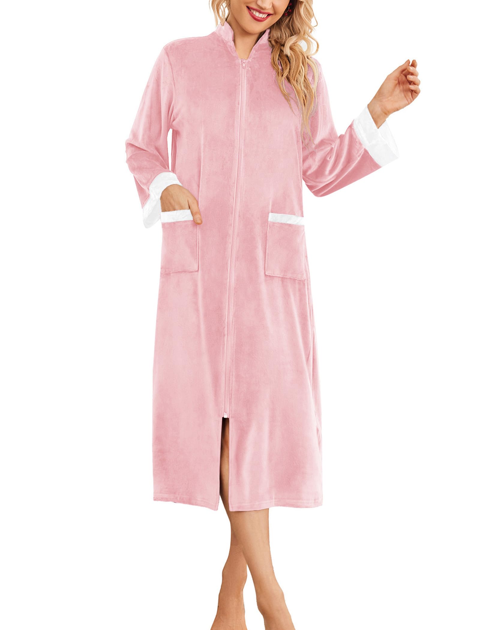 EkouaerWomen Zipper Robe Long Sleeve House Coats Velour Robes Soft Bathrobe with Pockets Nightgown S-3XL