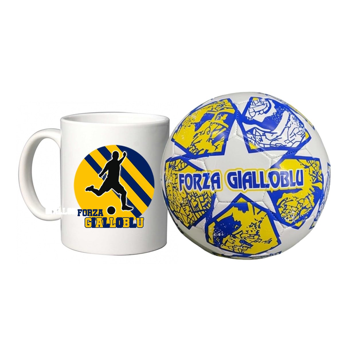 Generico Pallone con i colori del Parma calcio e scritta Forza Gialloblu + una tazza bianca in ceramica con stampa dei colori della tua squadra del cuore tifoso regalo