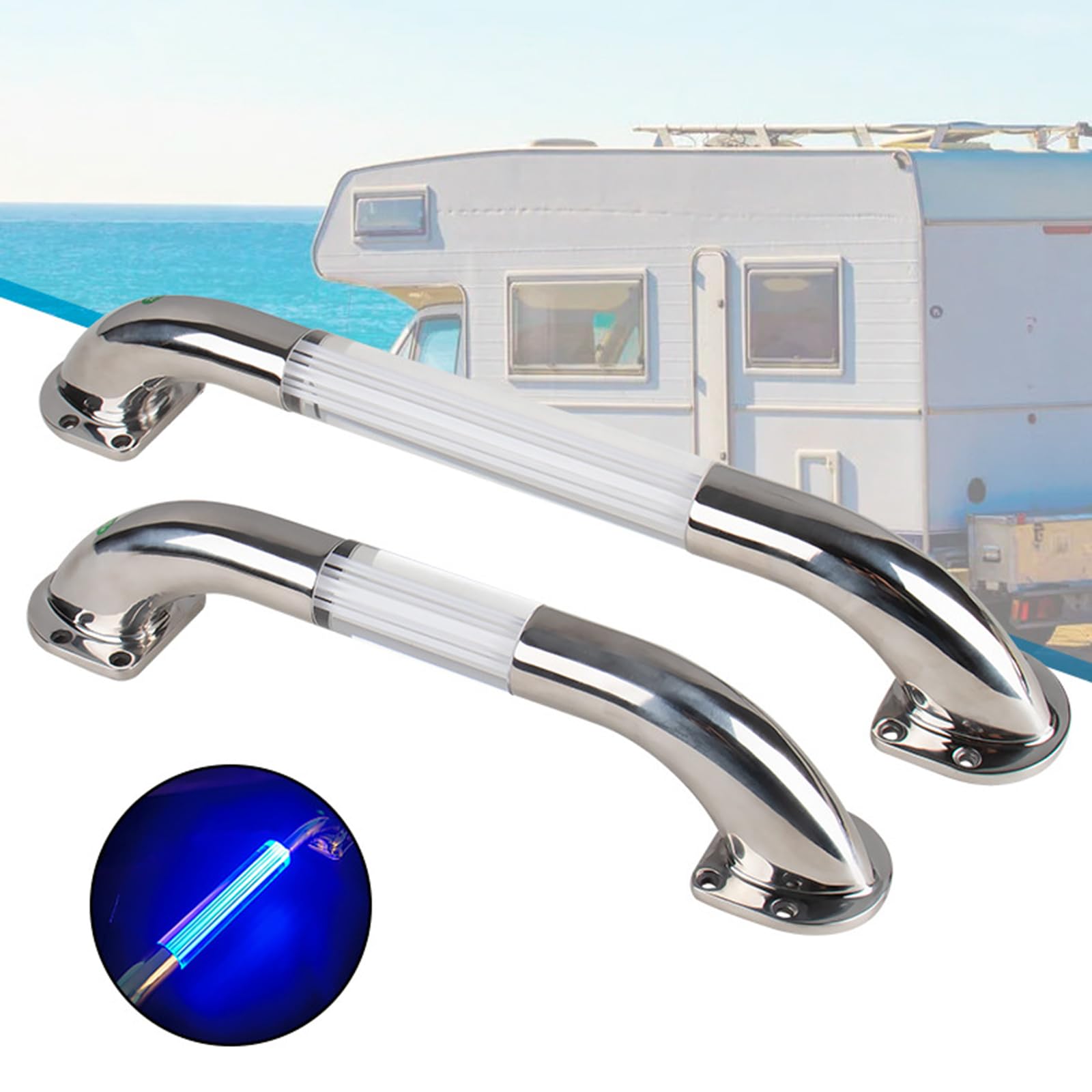 Qsvbeeqj RVs Grab Handle Stainless Steel Automobile Entry Door Assist Handle with Blue LED Light for Campers Trailer Boats Handrail