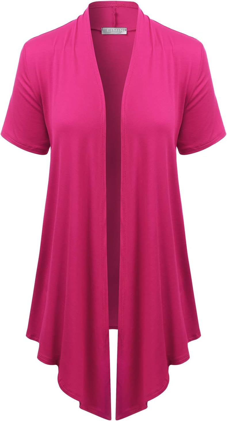EIMIN Women's Basic Solid Short Sleeve Open Drape Front Jersey Cardigan (S-3XL) Small Ecd001_fuchsia