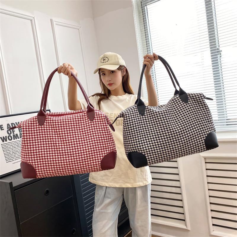 Houndstooth Travel Duffle Bag Gym Bag for Women Weekender Overnight Duffel Bag Tote Bag (Black)3