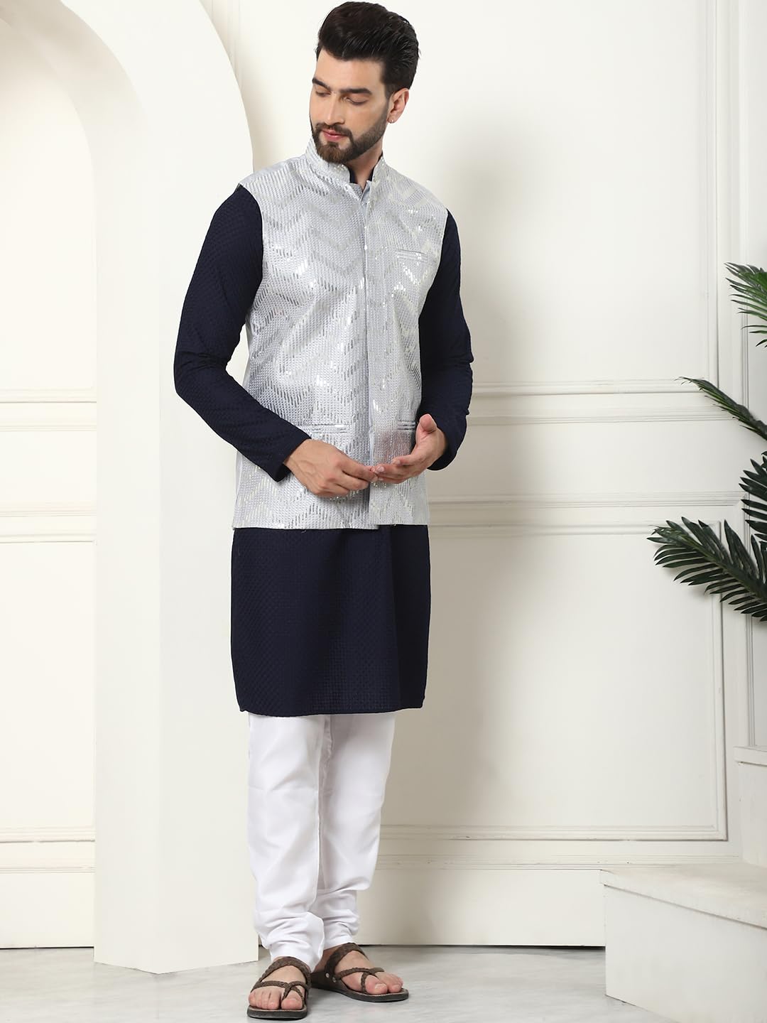 Sojanya (Since 1958 Men's Pure Cotton Navy Kurta And White Pyjama With Sequins Grey Nehru Jacket