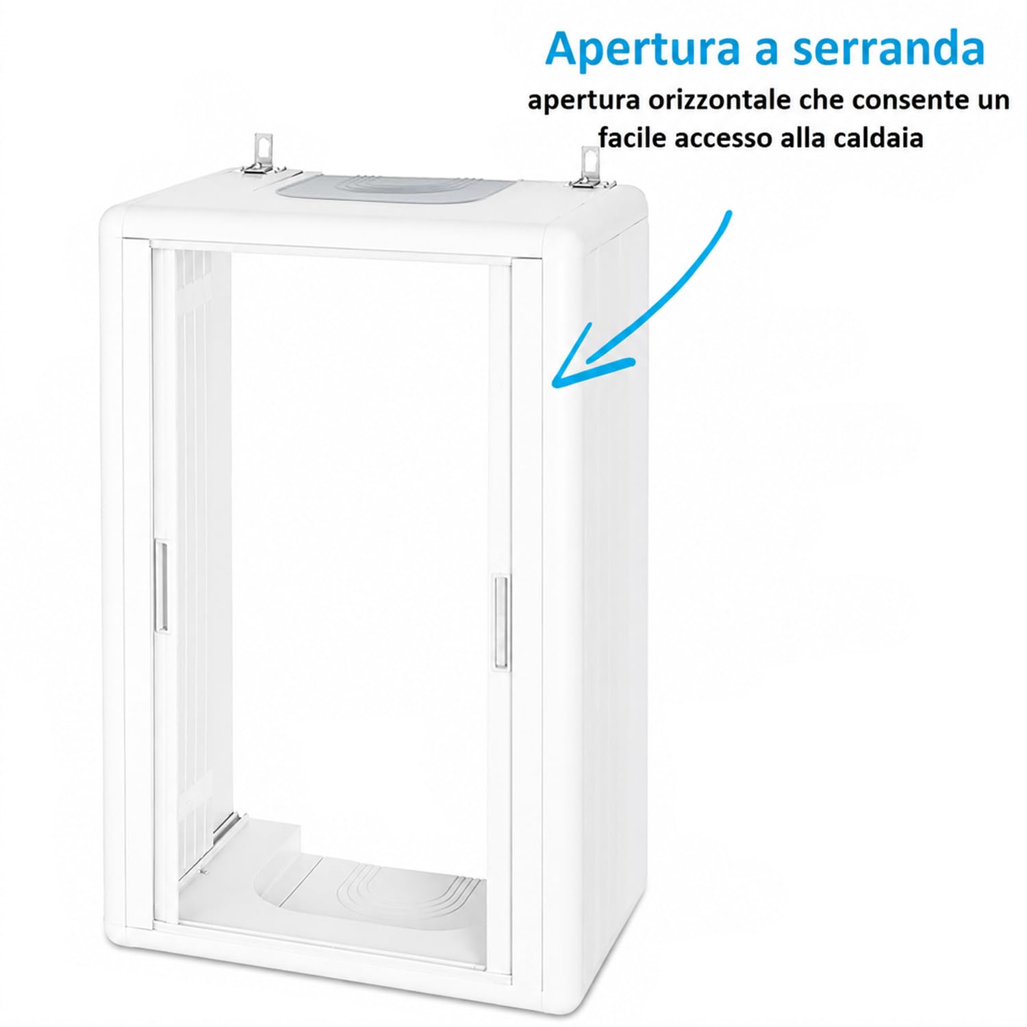 Virsus Mobile Copricaldaia di colore Bianco, Misura 58,5x38,5x98 cm, Apertura a Serranda Orizzontale, Materiale Alveolato Isolante e Ignifugo, Protezione per Caldaia da Esterno ed Interno -HIM902
