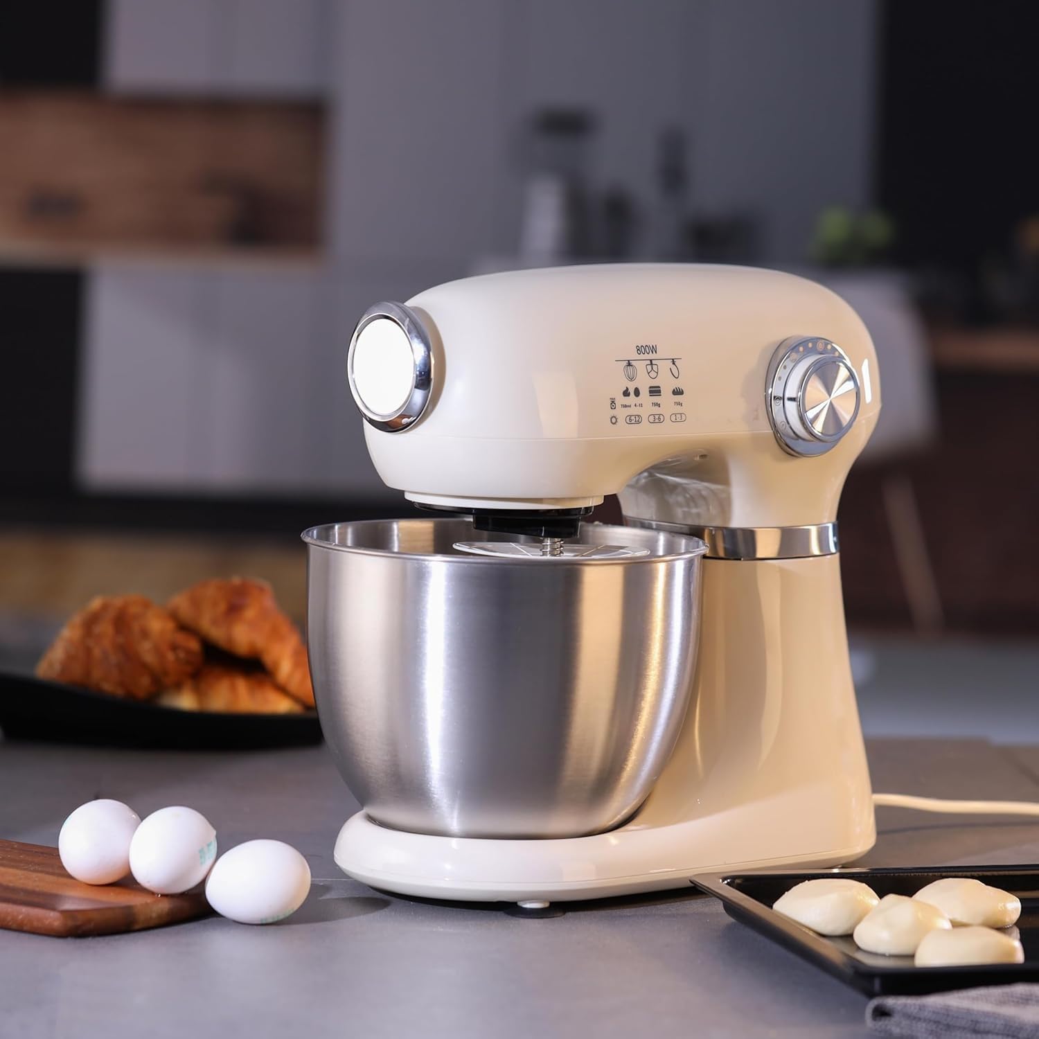 Batidora multifuncional - 1000 W - 12 velocidades - Bol de acero inoxidable de 5 L - Batidor, varillas y gancho para amasar - Colección Lake Geneva Cream - Cabezal elevable de seguridad
