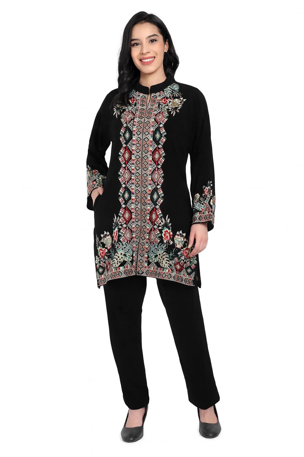 hautemoda Women's Kashmiri Embroidered Woollen Coord Set, Short Embroidered Kurta with Straight Pants-picture-52