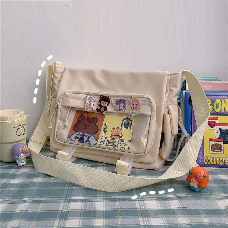 Kawaii Crossbody Bag with cute Pin and Pendant, Lightweight Japanese Messenger Bags Y2K Shoulder Bag for Women Men4