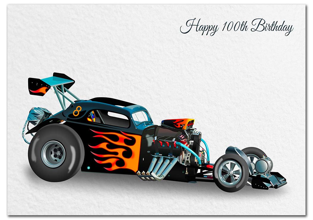 Extra Large 100th Birthday Card for Men - XL Big Thick A4 Size - Special Age Year - Cool Classic Dragster Racing Car Art - Traditional Greeting Him Male - Huge Happy Wishes - UK Eco-Friendly