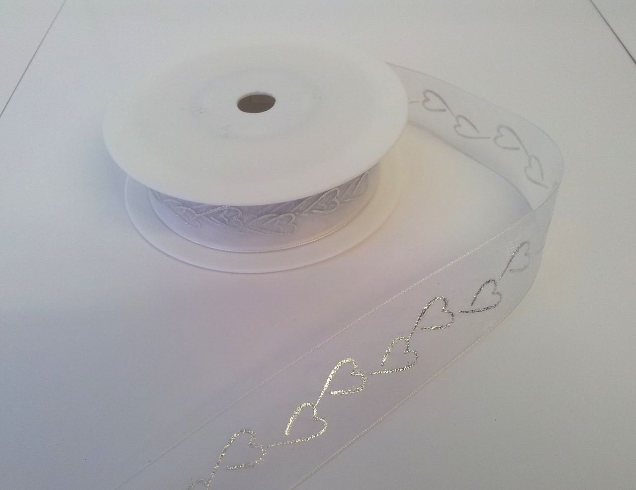 1 metre Trim of White Organza Wedding Ribbon with Printed Silver Hearts 15mm Wide Wedding/Valentines/Love