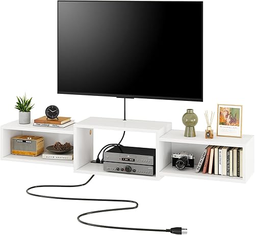 Miniatura 14 de IBUYKE Soporte flotante para TV montado en la pared con toma de corriente, moderno estante de consola de madera montado en la pared, centro de