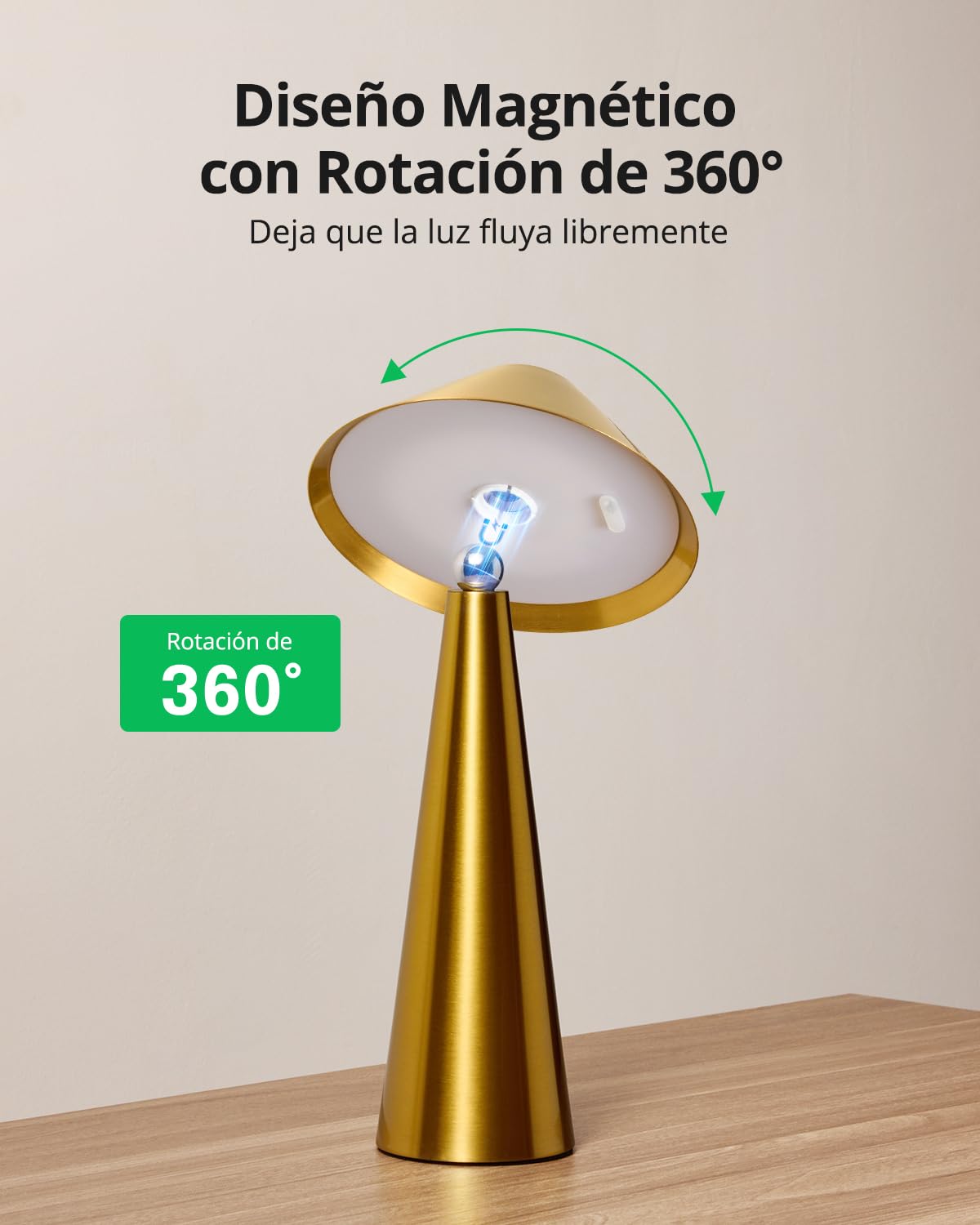 Bojim 2 Piezas Lamparas de Mesita de Noche Sin Cables LED Recargable Exterior Cabeza Giratoria, Lámpara Luz Tactil Table de Bateria Candeeiro Lamps para Exterior Portatil Interior IP54 Metal Dorado
