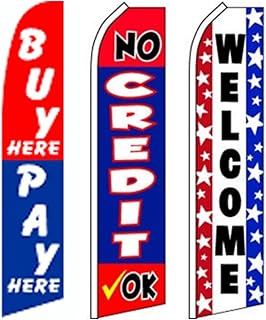 3 Car Auto Dealer Swooper Flutter Feather Flags-Buy Here Pay Here-No Credit OK-Welcome