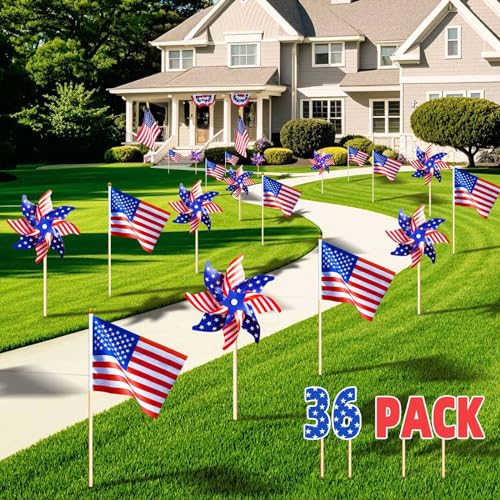 onbuwws 36 Pcs 4th of July Decorations, Patriotic Memorial Day Pinwheels and Flags Small Fourth of July Red White and Blue Labor Day Windmills Independence Day Parade Outdoor Yard Garden Party Decor