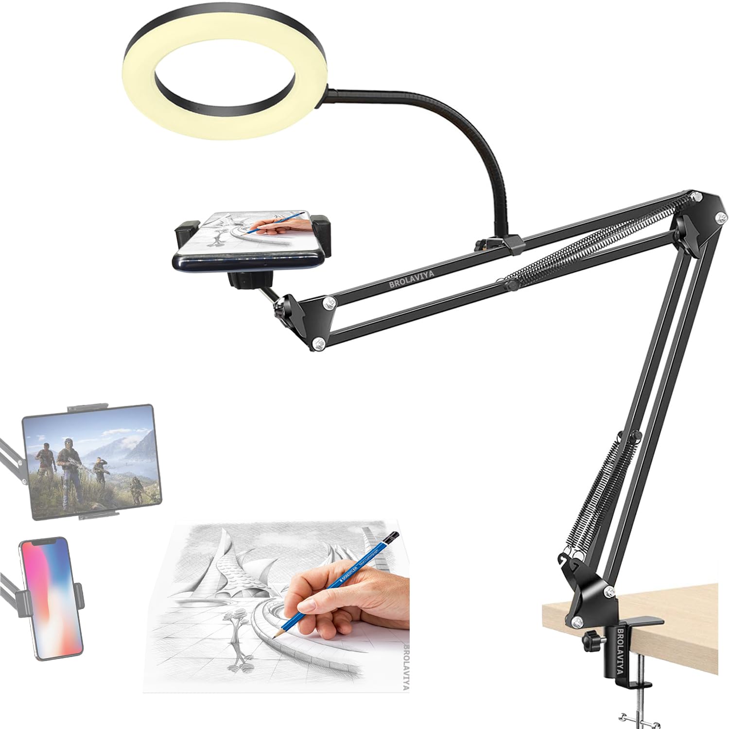 BROLAVIYA Overhead Video Stand with 6-inch Ring Light, Metal arm Body,1/4" Ball Head for Camera,Webcam,Gopro, with Mobile and Tablet Bracket for Overhead Video,Desktop,Bedroom, Office.