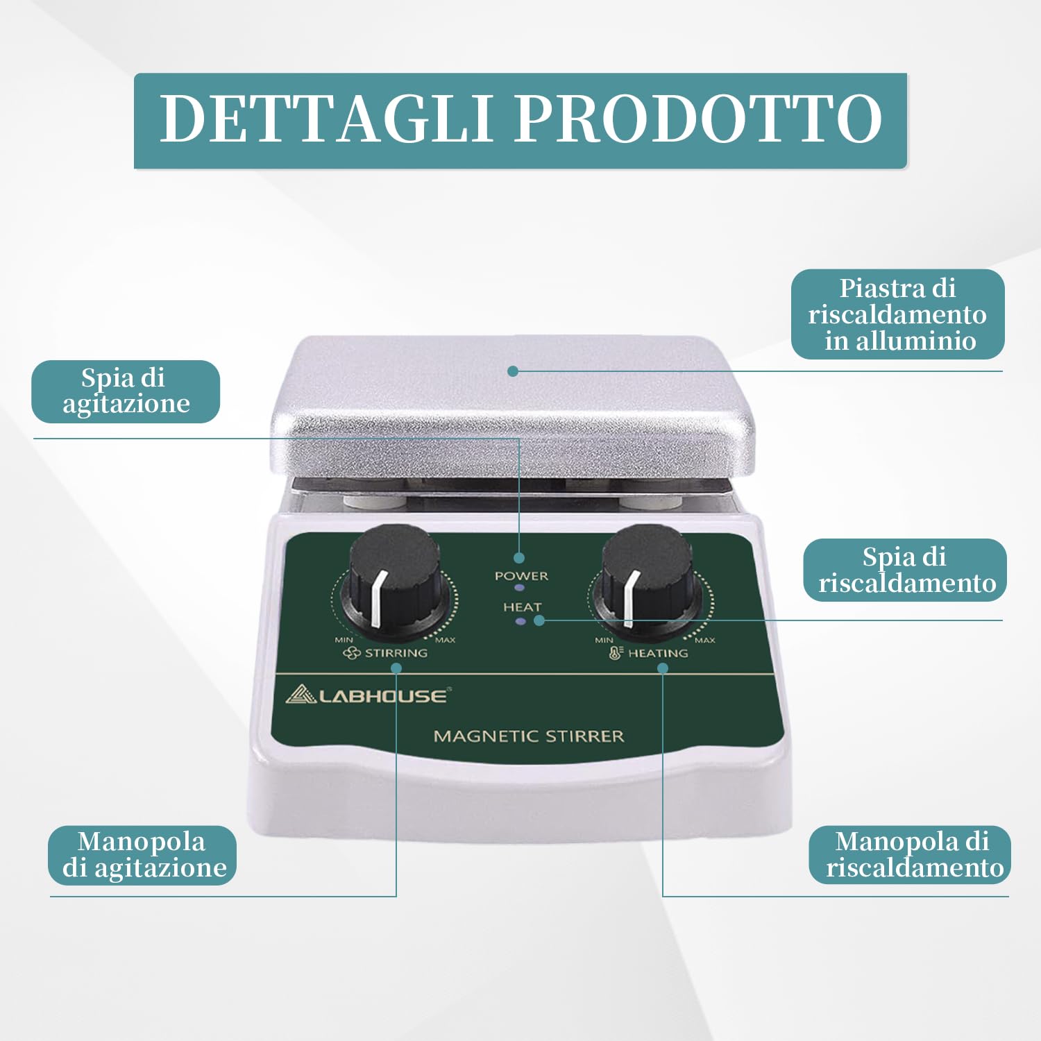 LHS-2 Agitatore Magnetico Piastra Riscaldante, 300°C, 2000RPM, 2L | Piastra fino a 300°C, 4 barre PTFE e recuperatore, supporto, variabile, per riscaldamento e miscelazione