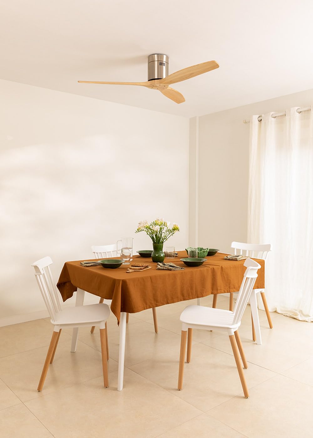 CREATE / WINDCALM NATURAL WOOD M/Ventilador de techo níquel aspas madera clara con controlador y mando / 40W, Temporizador, Ø132 cm, 6 velocidades, silencioso, función verano-invierno