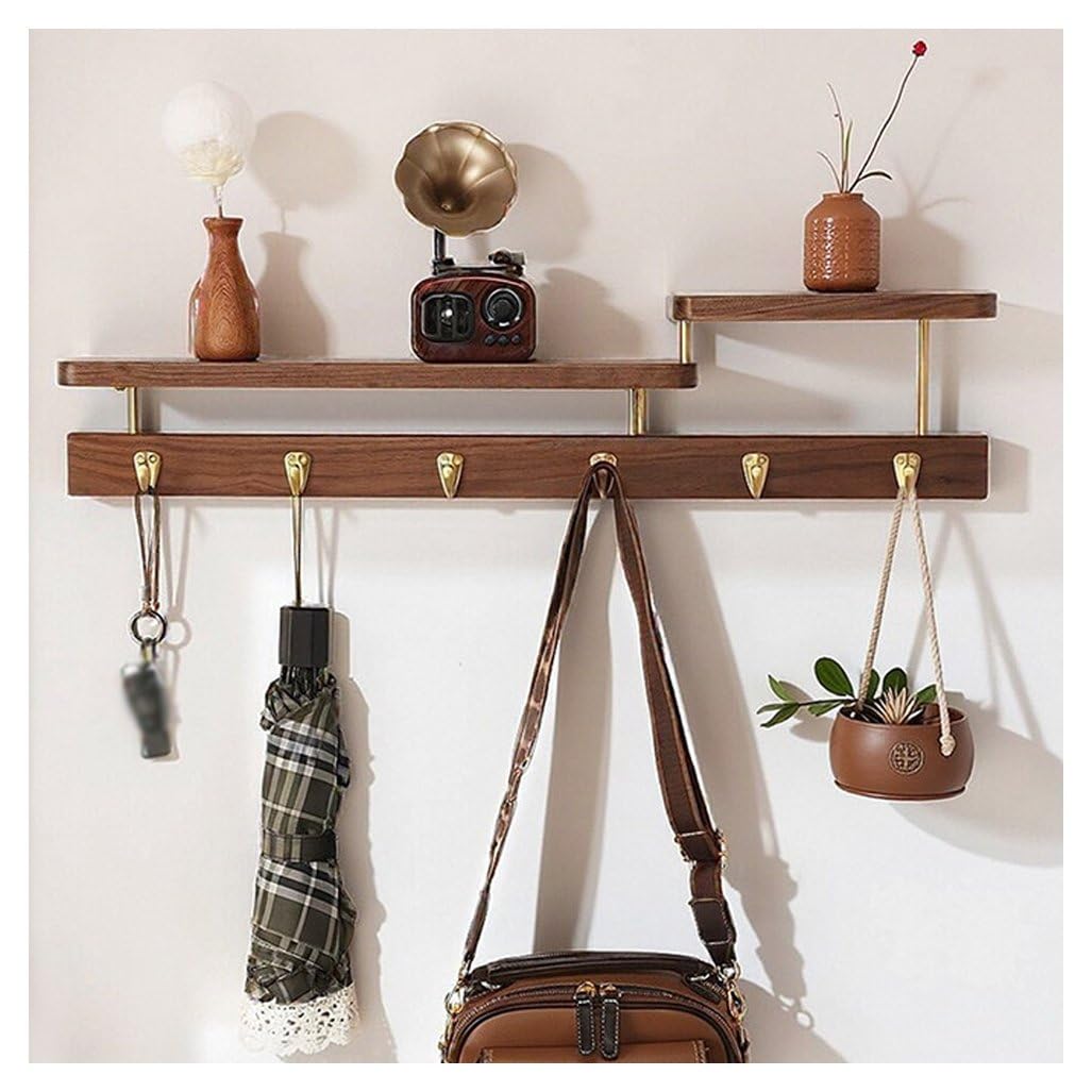 Qpkz Brown Walnut Wood Coat Rack Wall Mount With Shelf, Wall Hooks Entryway Hanging Shelves With Brass Hooks For Clothes Hats Towel Purse Robes, Bathroom Mudroom Bedroom 70Cm