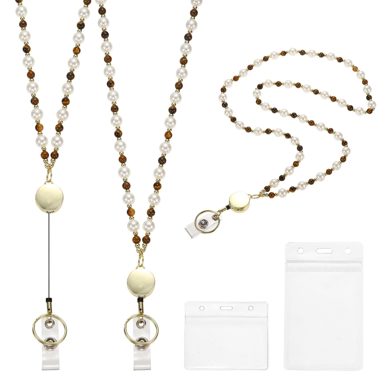PATIKIL Natural Stone Beaded Lanyard, 3Pcs Retractable Beads Badge Lanyard with ID Card Holder for Women Handmade Crystal Cute Necklace for Office Teacher Cruise, Tiger Stone