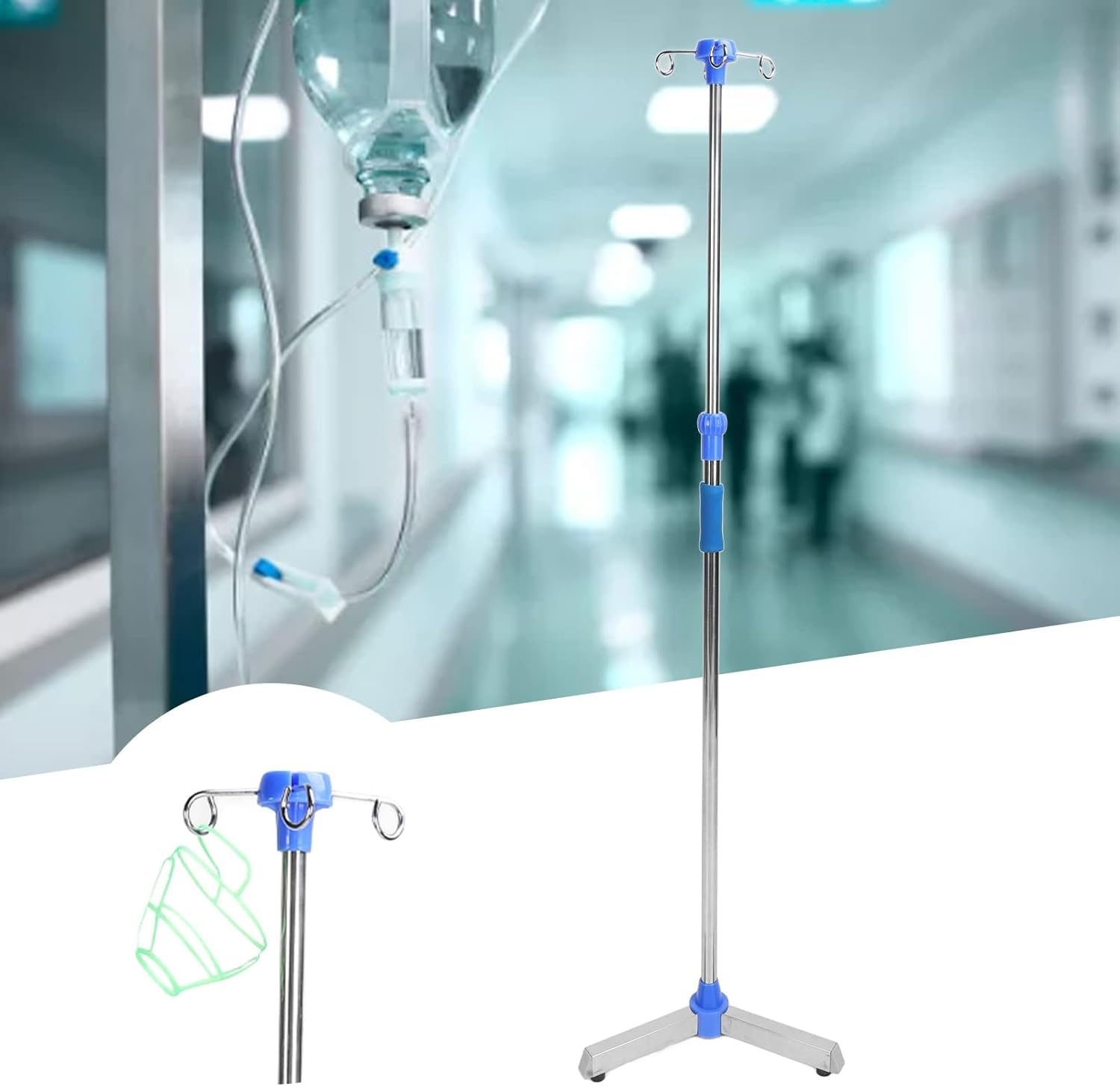 Supporto per porta flebo, supporto per porta flebo con 4 ganci, supporto con altezza regolabile, asta per porta flebo in acciaio inox