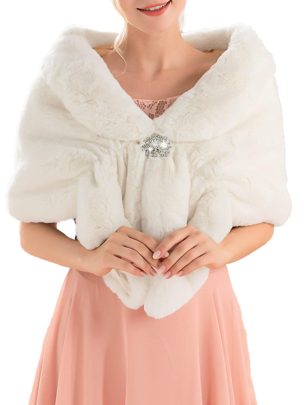 Unicra Women's Wedding Faux Fur Wraps and Shawls Bridal Fur Stoles Scarf with Rhinestones Brooch for Bride and Bridesmaids(Beige)