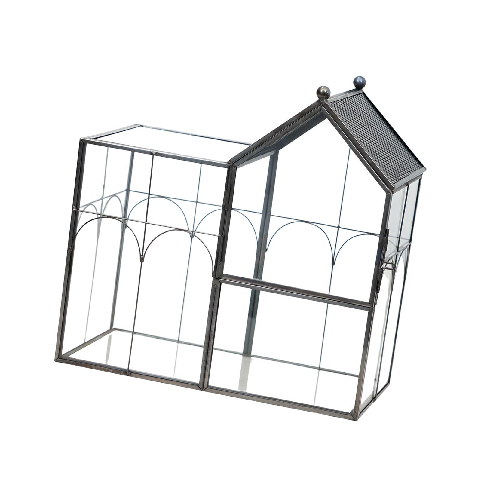 Dekoratives Terrarienhaus für die Wohnraumdekoration, Klarglas Vitrine mit Hausform, zu öffnender Blende und kompakter Glas Terrarium Vitrine mit kleinem Platzbedarf und schwarzem Rahmen mit zu Blende