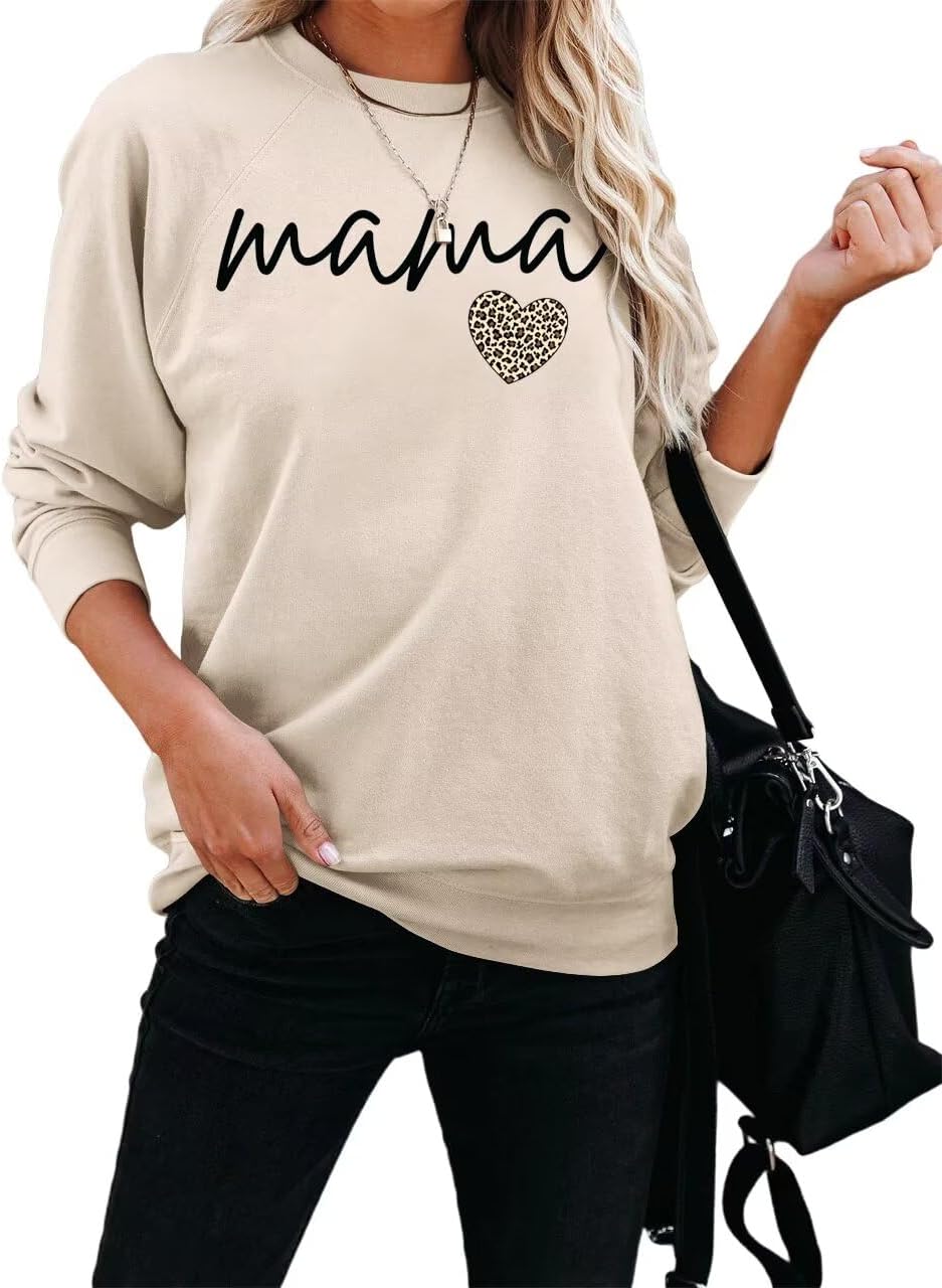 Dressmine Womens Long Sleeve Mama Sweatshirts Fall Crew Neck Mom Shirts Cute Graphic Tees Pullover Hoodies