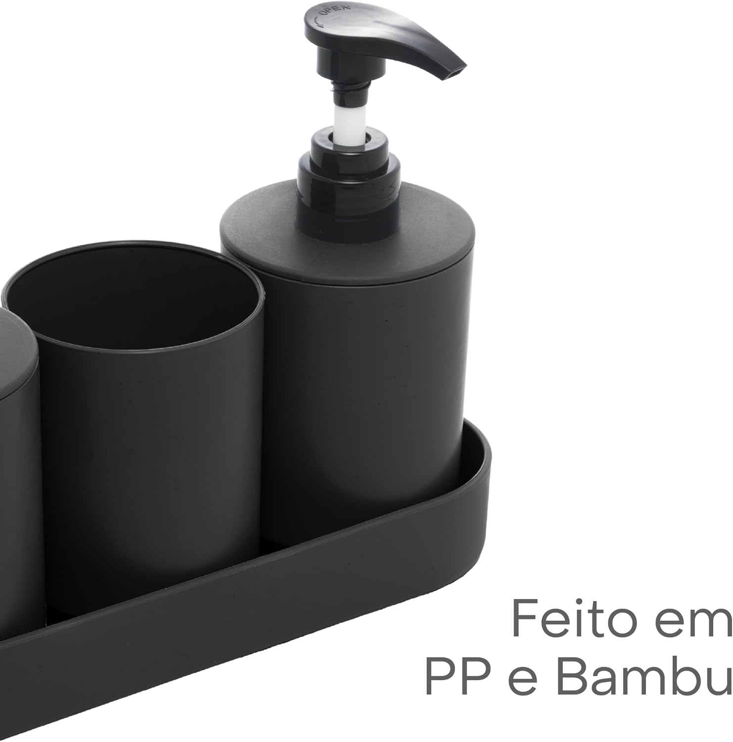 LYOR - Conjunto 4 Peças de Bambu e PP para Banheiro Preto - Porta-sabonete líquido, Porta-escova de dentes, Saboneteira, Porta Algodão LYOR - Conjunto 4 Peças de Bambu e PP para Banheiro Preto - Porta-sabonete líquido, Porta-escova de dentes, Saboneteira, Porta Algodão