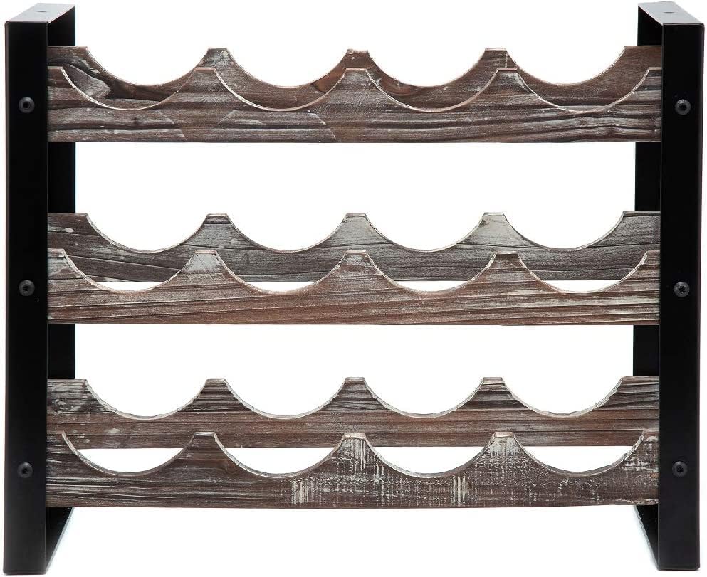 Estante de vino rústico independiente de 3 niveles apilable, soportes para botellas de almacenamiento para encimera, 12 botellas de vidrio, estante