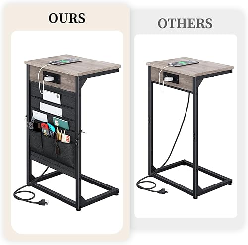Miniatura 4 de Mesa auxiliar en forma de C con estación de carga rápida, mesa auxiliar de sofá pequeña con bolsa de almacenamiento, mesa de bandeja de sofá para