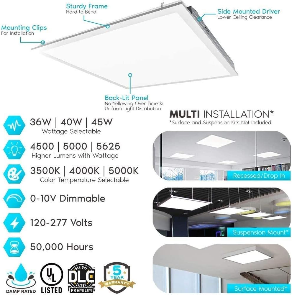 70% оƒƒ Dіѕсоunt 2x2 FT LED Light Flat Panel, 20/30/40W, Color Temperature Selectable 3K | 4K | 5K, Dimmable Recessed Drop Ceiling Lights, 2500/3750/5000 Lumens, Lay in Fixture for Office, 120-277V, UL DLC(4 Pack)