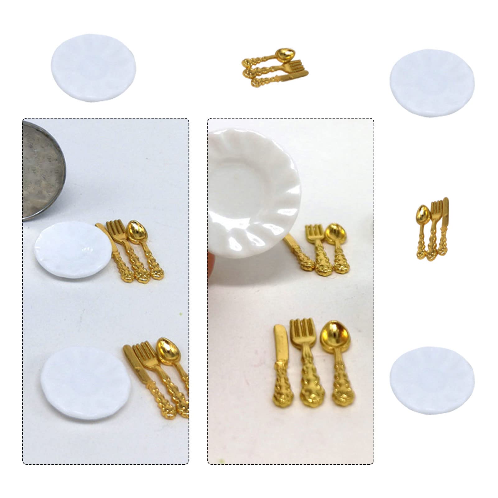 Tesyeux Miniature Dining Set, 22Pcs Kitchenware Model Set, White Wooden 1:12 Chairs, Plates, Forks, Spoons, Gold Cutlery, Kitchen Accessories for Miniature Dolls, Furniture Set - Image 3