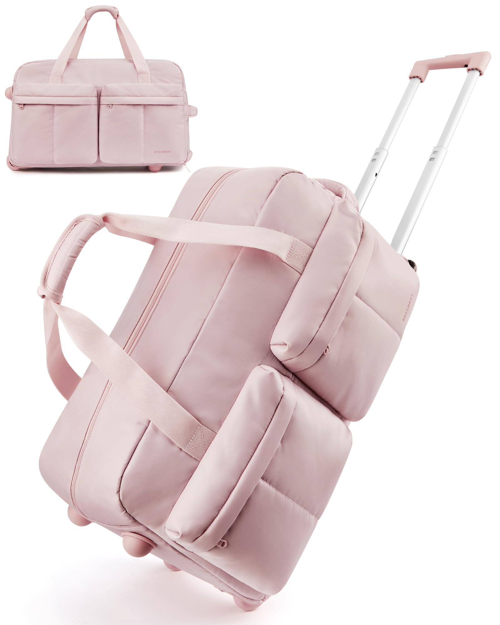 42L Rolling Duffle Bag with Wheels, Carry On Bag Duffel Bag for Travel, Wet Pocket Duffle Bag with Wheels and Handle, Pink