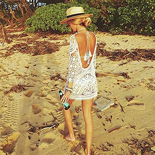 Saherewanr Saída de praia feminina saída de praia de renda longa quimono listrada mini crochê cardig