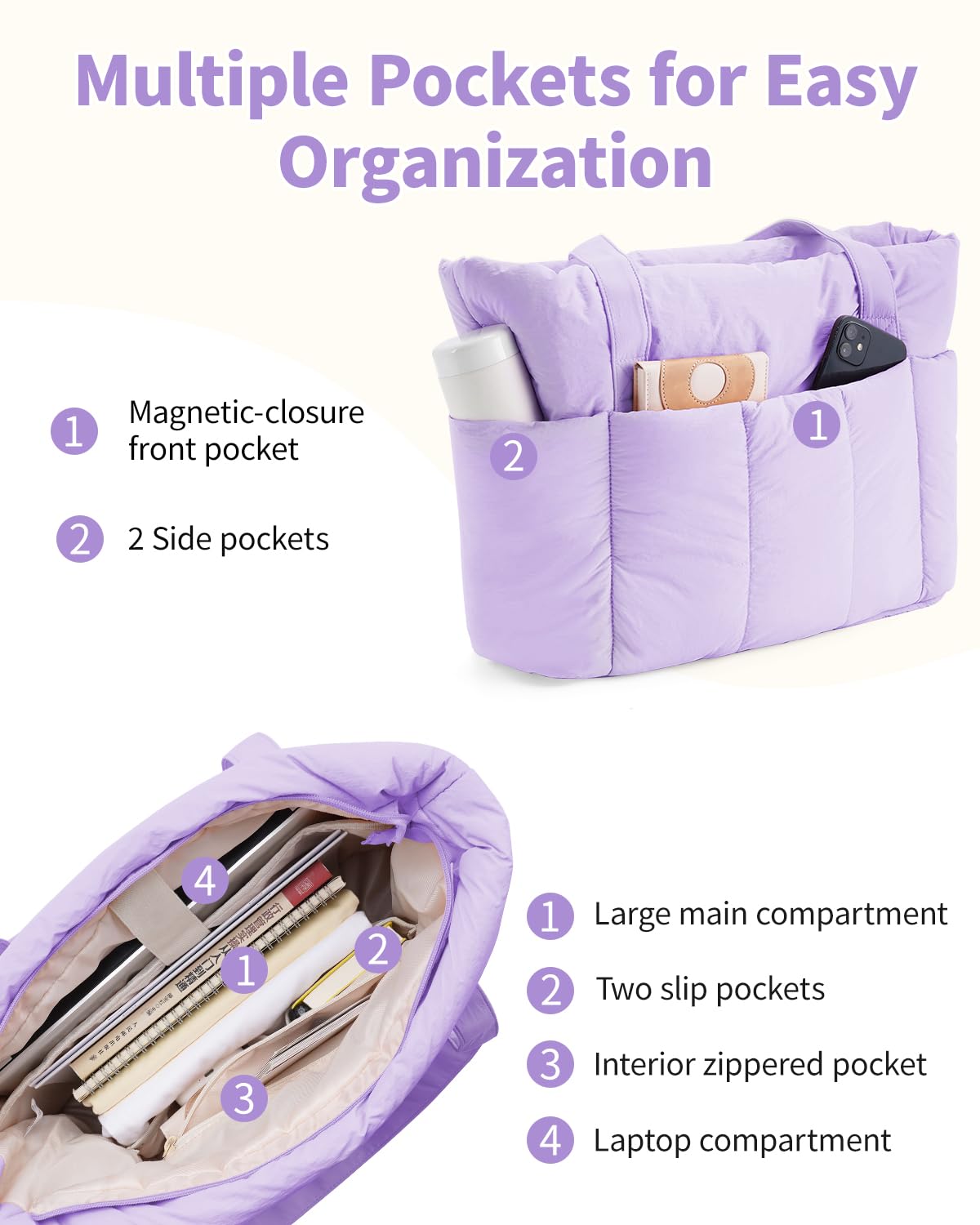 Narwey Bolso Tote Mujer Acolchado Grande, Puffer Tote Bag de Trabajo y Deporte con Cremallera y Compartimentos para Portátil, Bolso de Mano y Hombro Ligero para Escuela, Universidad y Viaje (Violeta)