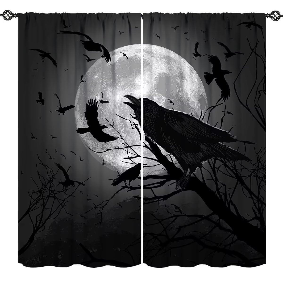 Halloween Gothic Crow Curtain, Black Crow Misty Forest Full Moon Room Darkening Door Window Rod Pocket Curtain for Living Room Bedroom Kitchen Bathroom W42xL45in