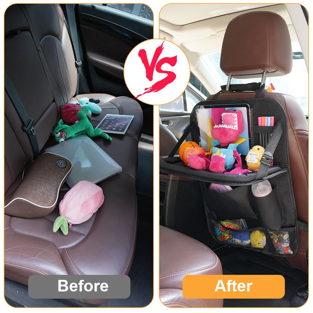 URAQT Organizer per Sedile Posteriore Auto, 1 Proteggi Sedile Auto Bambini Posteriore con Vassoio da Tavolo Pieghevole per tablet bambin, con 6 Tasche e Tavolino Pieghevole, Impermeabile(nero)