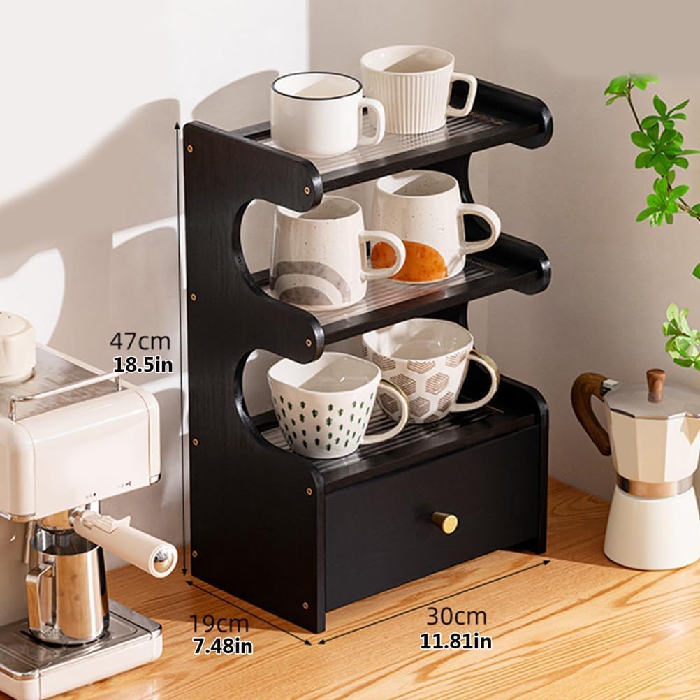 3-stöckiger Bambus-Kaffeetassenhalter für die Küche, 50 cm, K-Cup-Organizer, stilvolles Aufbewahrungsregal, Braun und Schwarz, perfektes Kaffeezubehör.