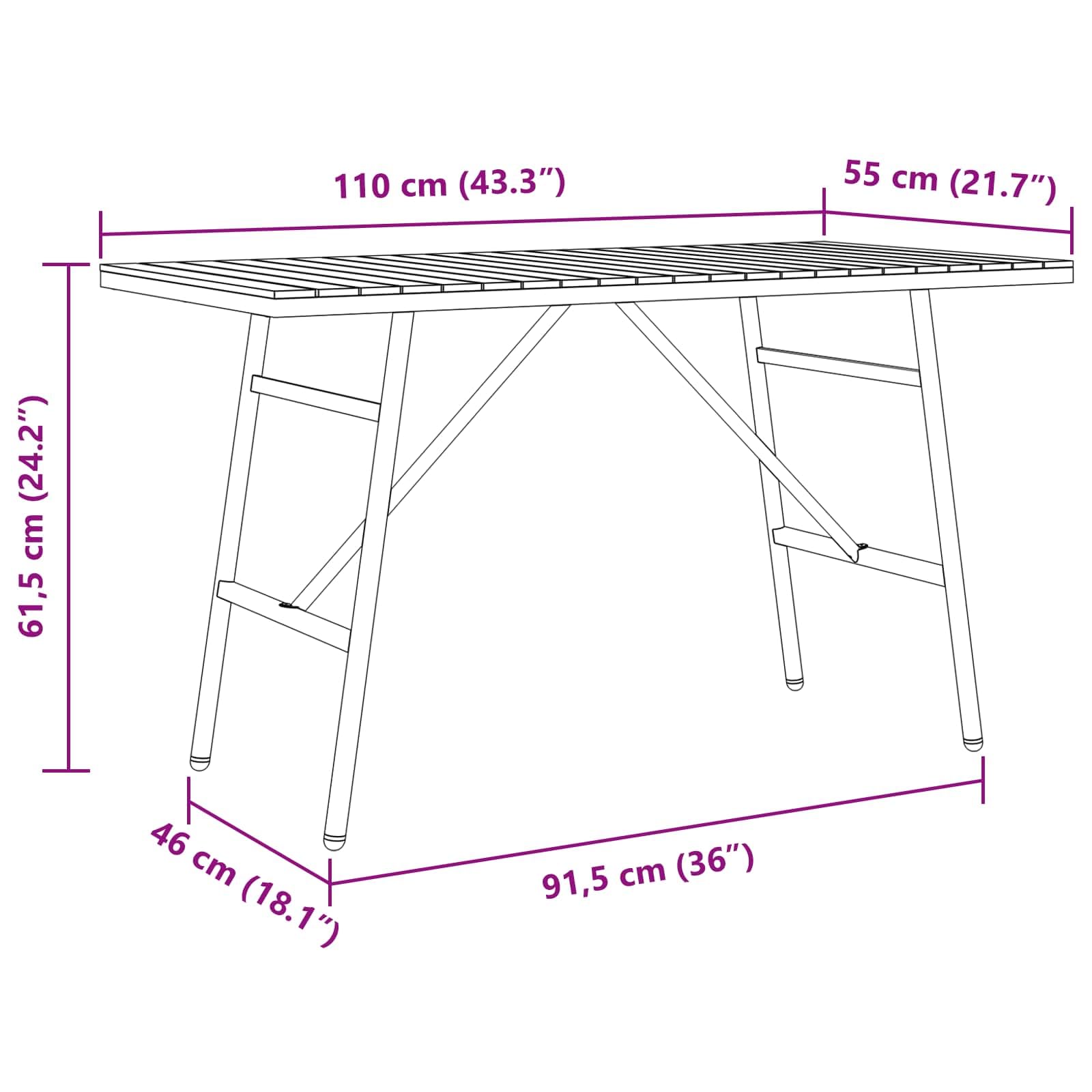 Tavolo da pranzo in legno di acacia massiccio, marrone, 110 x 55 x 61,5 cm, con telaio in metallo nero, tavolo da giardino per terrazza, per balcone e cene all'aperto